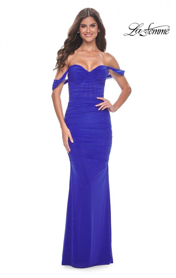 Picture of: Off the Shoulder Net Jersey Dress with Ruching in Royal Blue, Style: 31914, Detail Picture 1