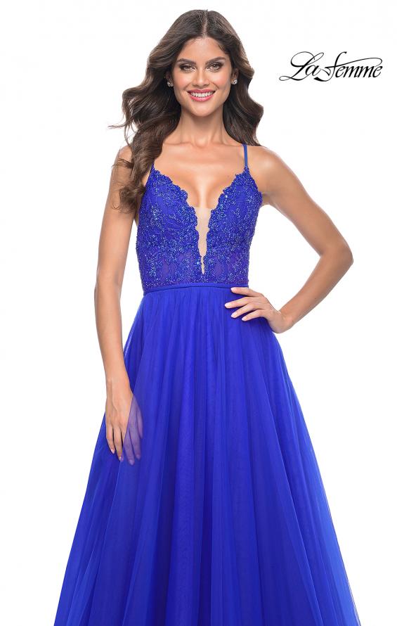 Picture of: Illusion Lace Bodice A-Line Tulle Prom Dress with Slit in Royal Blue, Style: 32059, Detail Picture 1