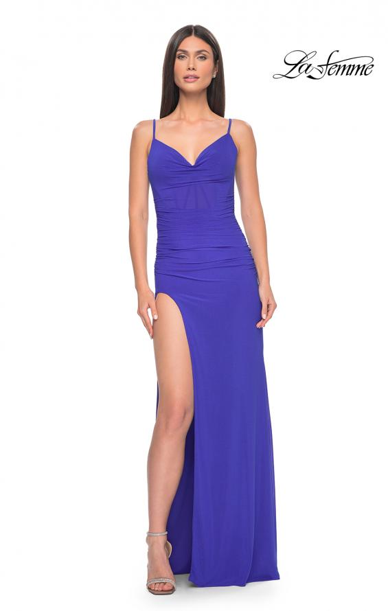 Picture of: Net Jersey Ruched Fitted Dress with Illusion and Boning on Back in Royal Blue, Style: 32160, Detail Picture 1