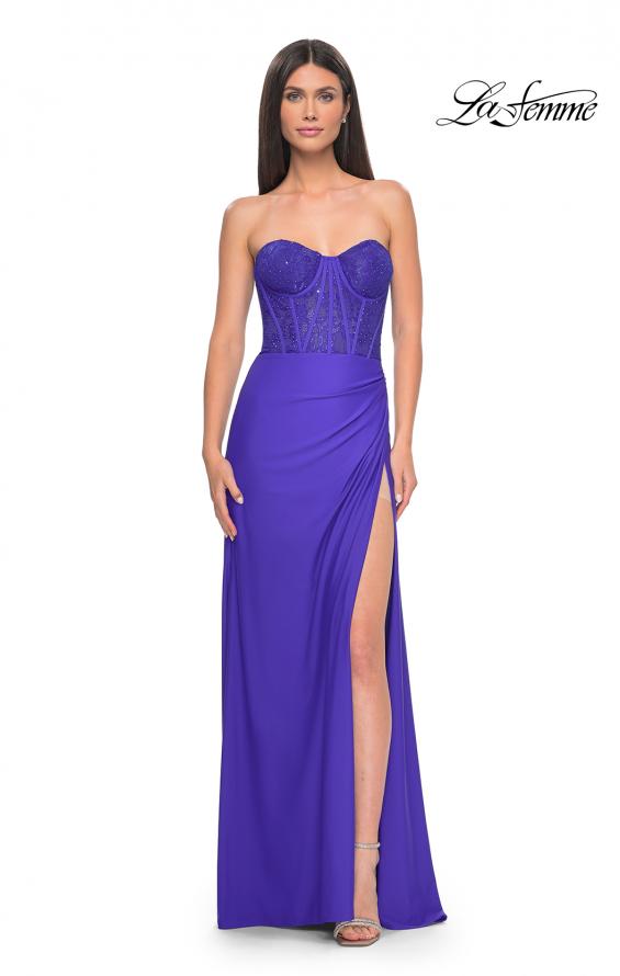 Picture of: Lace Bustier Strapless Dress with Ruched Jersey Skirt in Royal Blue, Style: 32234, Detail Picture 1