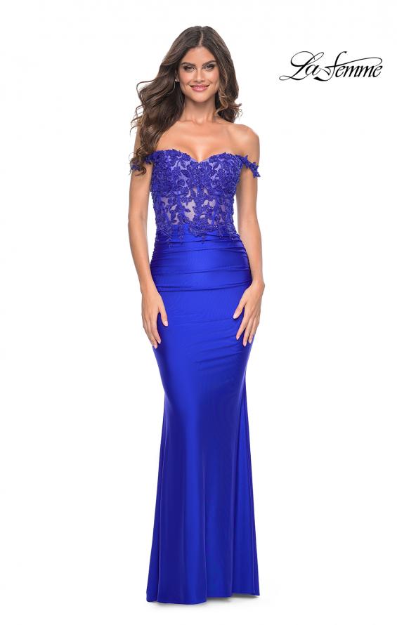 Picture of: Sheer Lace Bodice with Off the Shoulder Straps and Jersey Skirt Gown in Royal Blue, Style: 32302, Detail Picture 1