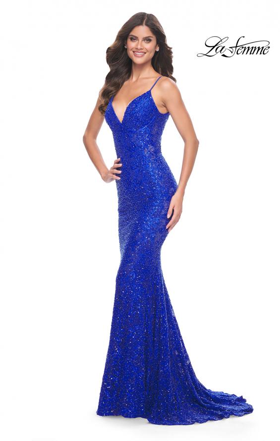 Picture of: Beaded Lace Mermaid Gown with Sheer Side Panels in Royal Blue, Style: 32309, Detail Picture 1