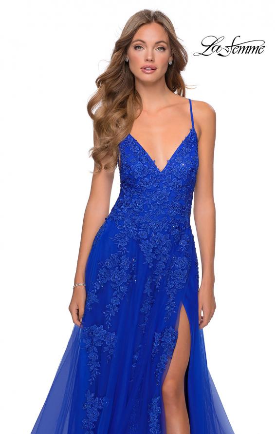 Picture of: Tulle Prom Dress with Floral Detail and Side Slit in Royal Blue, Style: 28985, Detail Picture 2