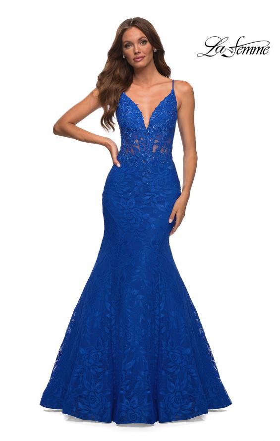 Picture of: Mermaid Lace Prom Dress with Sheer Jeweled Bodice in Royal Blue, Detail Picture 2