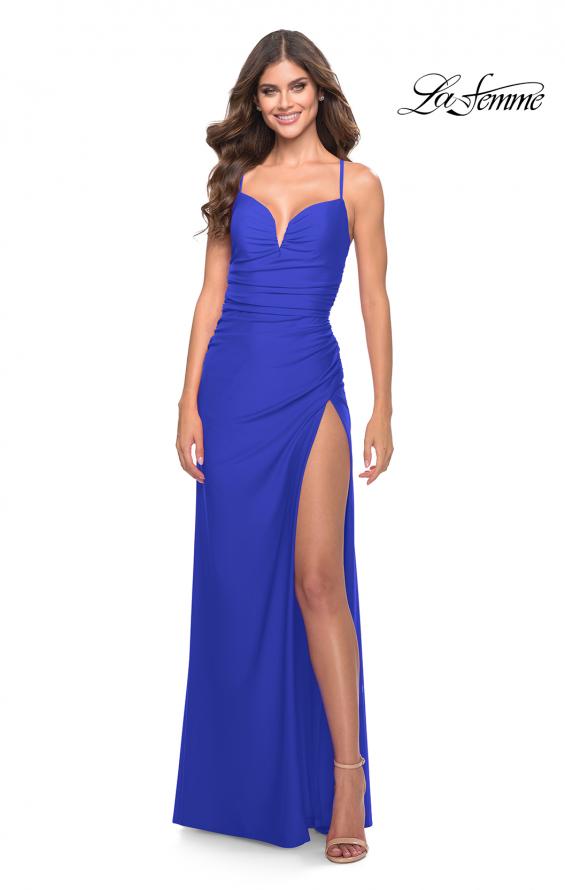Picture of: Ruched Deep V Dress with Trendy High Slit in Royal Blue, Style: 31127, Style: 31127