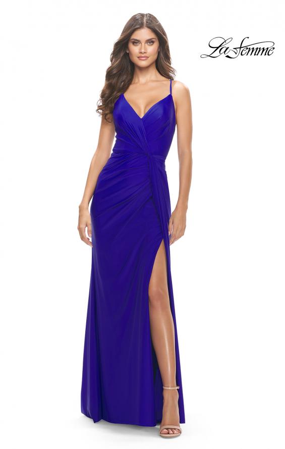 Picture of: Soft Jersey Dress with Knot Waist and Lace Up Back in Royal Blue, Style: 31169, Detail Picture 2
