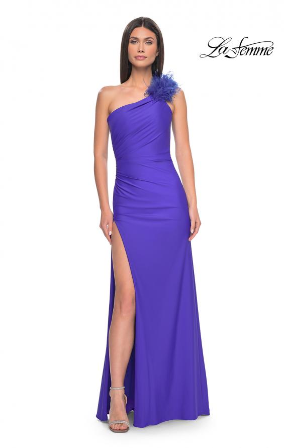 Picture of: One Shoulder Jersey Gown with Feather Detail in Royal Blue, Style: 32076, Detail Picture 2