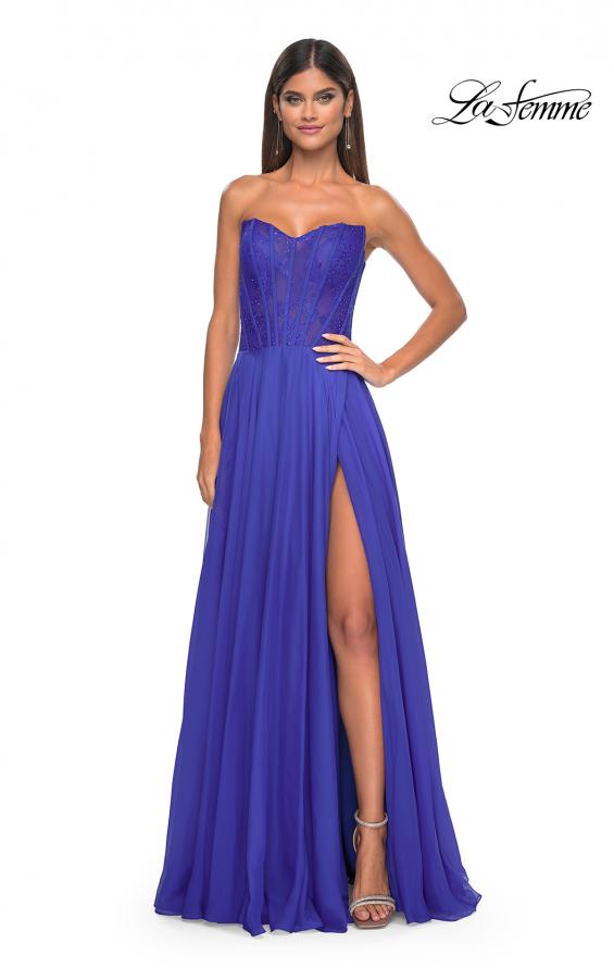 Picture of: Strapless Chiffon Prom Gown with Lace Illusion Bodice in Royal Blue, Style: 32311, Detail Picture 2