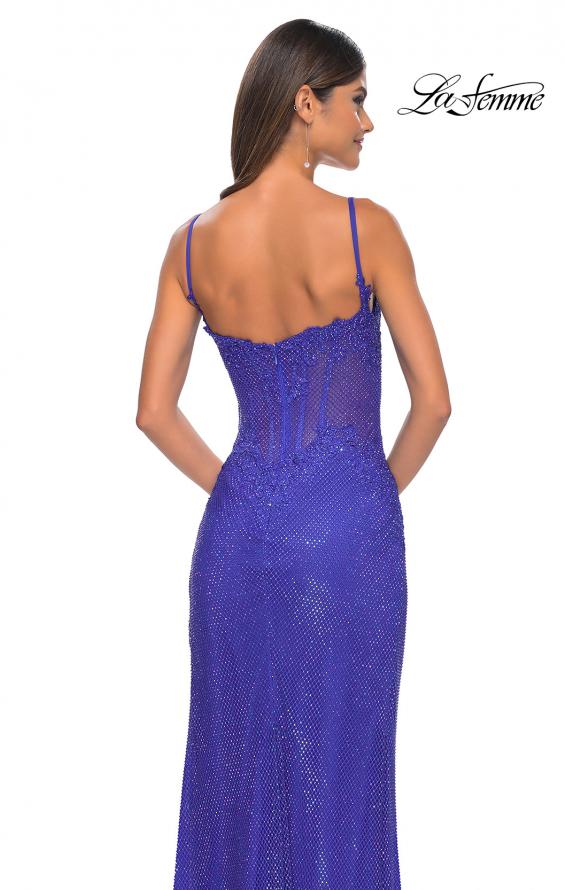 Picture of: Rhinestone Embellished Fishnet Dress with Lace Details in Royal Blue, Style: 32409, Detail Picture 2