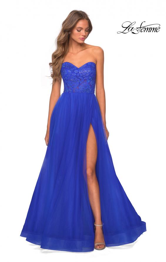 Picture of: Strapless Tulle Dress with Lace Rhinestone Bodice in Royal Blue, Style: 28487, Detail Picture 3