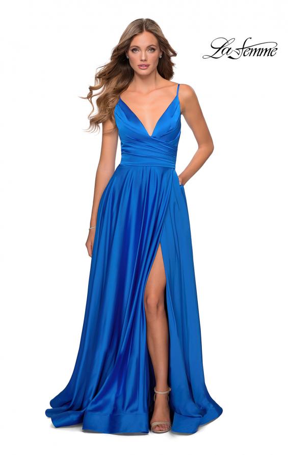 Picture of: Long Satin Dress with Side Slit and V Shaped Back in Royal Blue, Style: 28607, Detail Picture 3