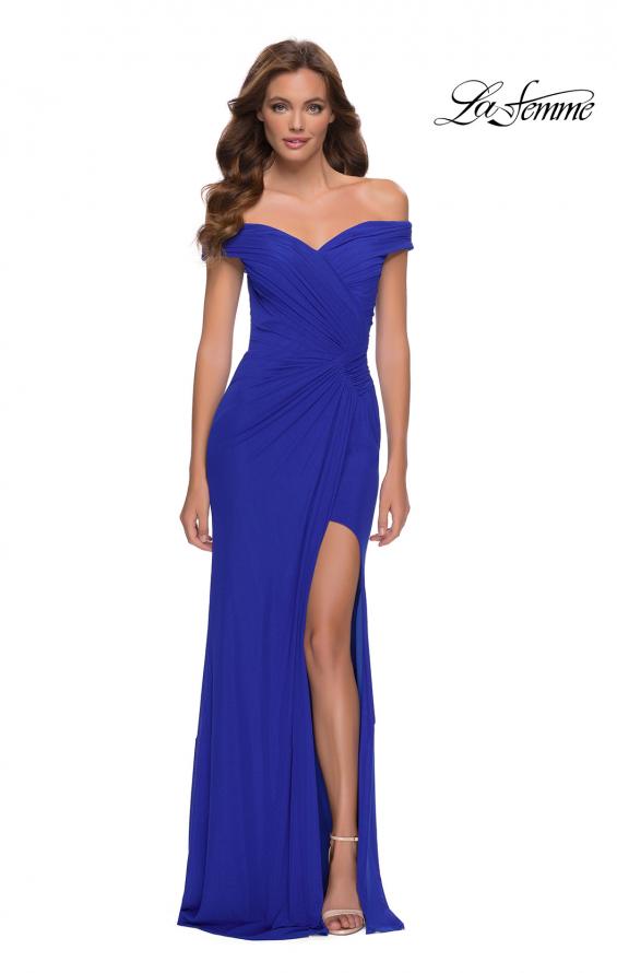 Picture of: Off the Shoulder Net Jersey Dress with Ruching in Royal Blue, Style 29756, Detail Picture 3