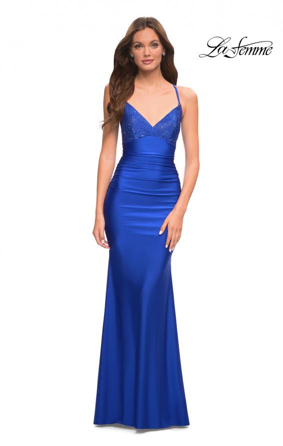 Picture of: Fitted Jersey Gown with Rhinestone Top in Blue, Style: 30503, Detail Picture 3