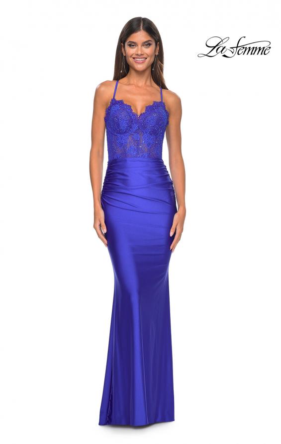 Picture of: Sheer Lace Bodice with Scallop Edge Jersey Long Dress in Royal Blue, Style: 31272, Detail Picture 3