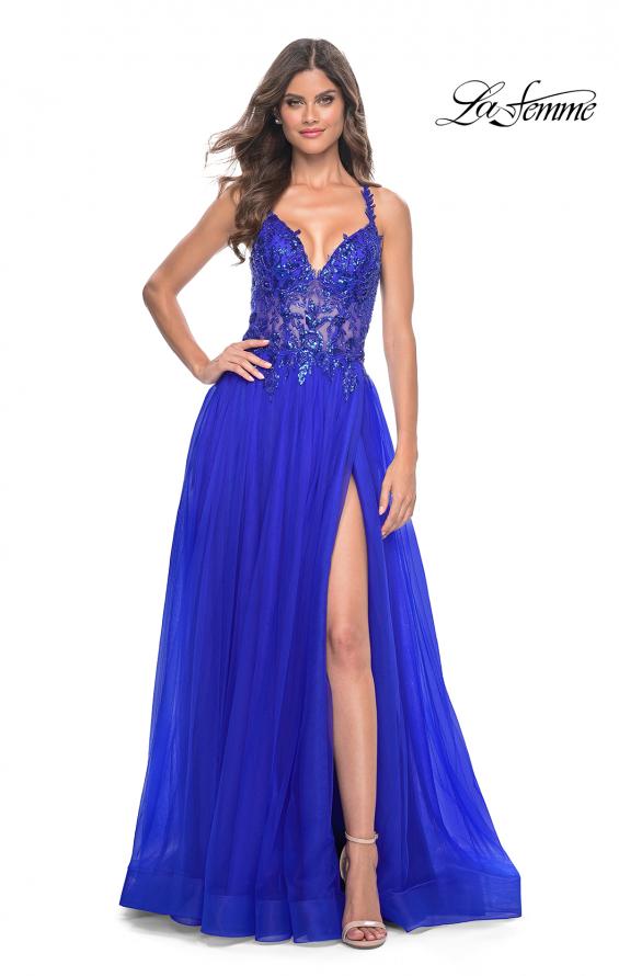 Picture of: Tulle A-Line Gown with Sheer and Beaded Lace Detail in Royal Blue, Style: 31471, Detail Picture 3