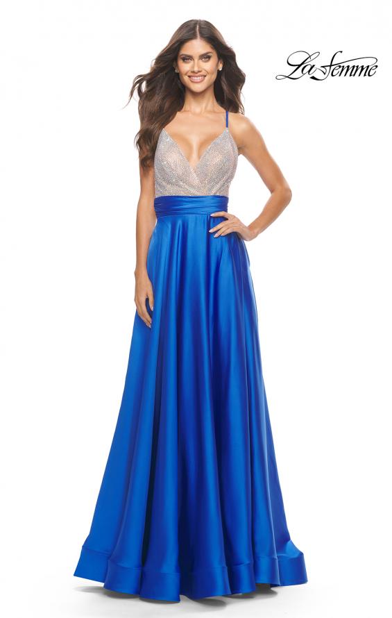 Picture of: Satin Gown with Sheer Rhinestone Bodice in Royal Blue, Style: 31592, Detail Picture 3