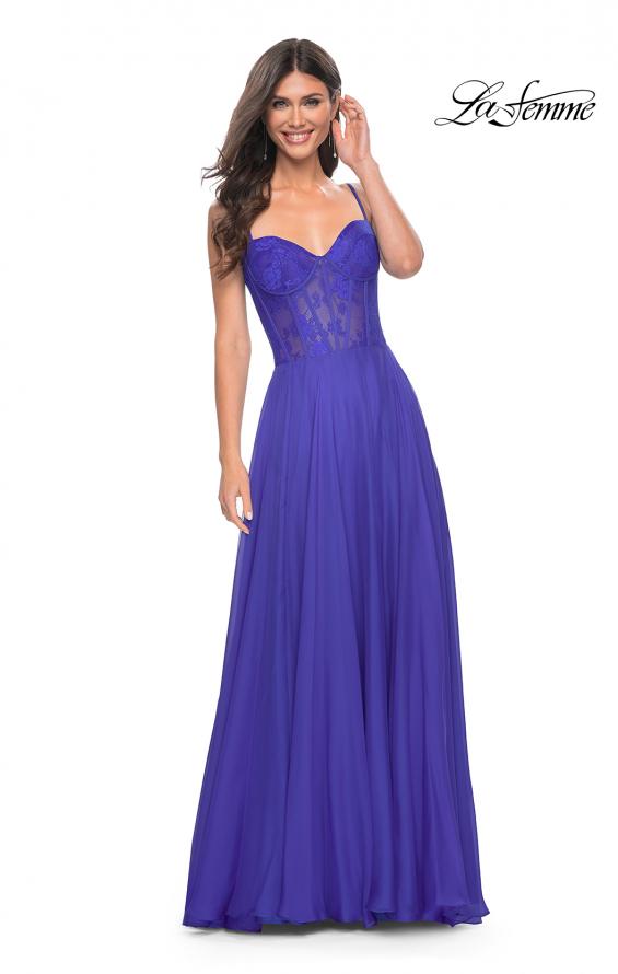Picture of: Chiffon and Lace Gown with Bustier Top in Blue, Style: 32276, Detail Picture 3