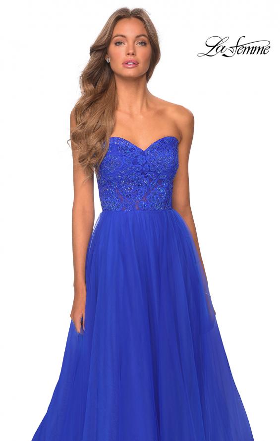 Picture of: Strapless Tulle Dress with Lace Rhinestone Bodice in Royal Blue, Style: 28487, Detail Picture 4