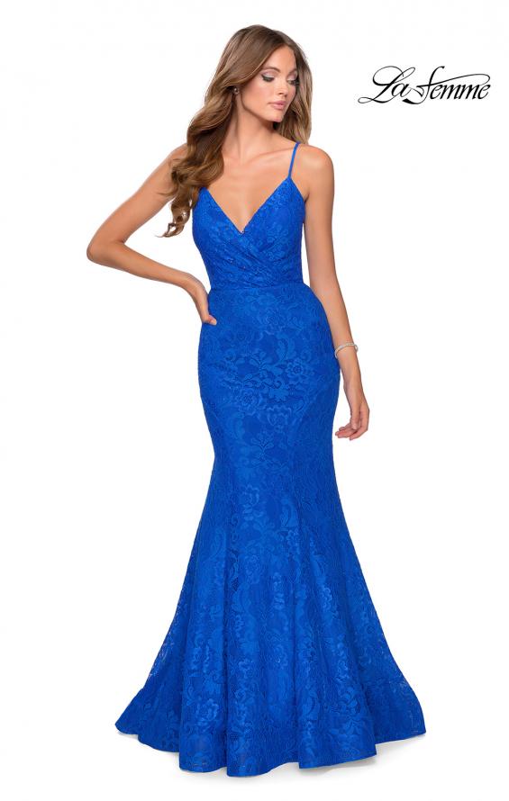 Picture of: Mermaid Lace Prom Dress with Faux Wrap Top in Royal Blue, Style: 28564, Detail Picture 4