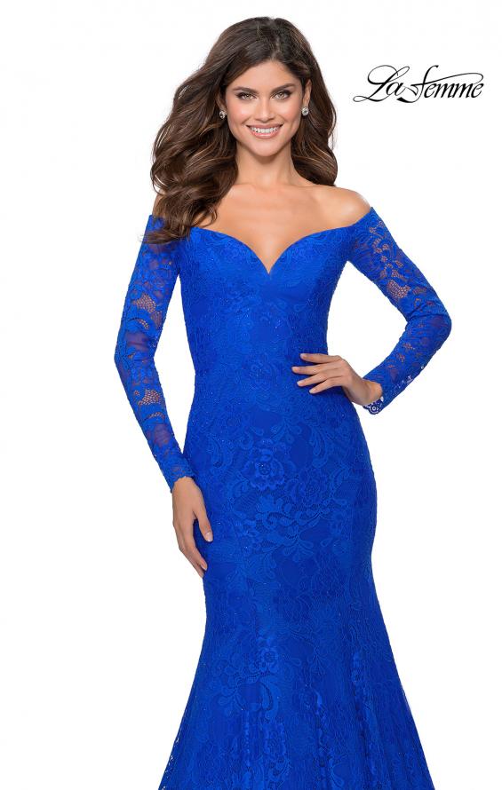 Picture of: Off the Shoulder Lace Long Sleeve Prom Dress in Royal Blue, Style: 28569, Detail Picture 4