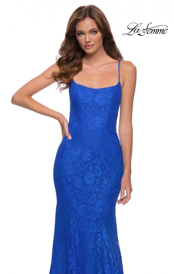 Picture of: Stretch Lace Gown with Lace Up Strappy Back in Royal Blue, Style 29611, Detail Picture 4