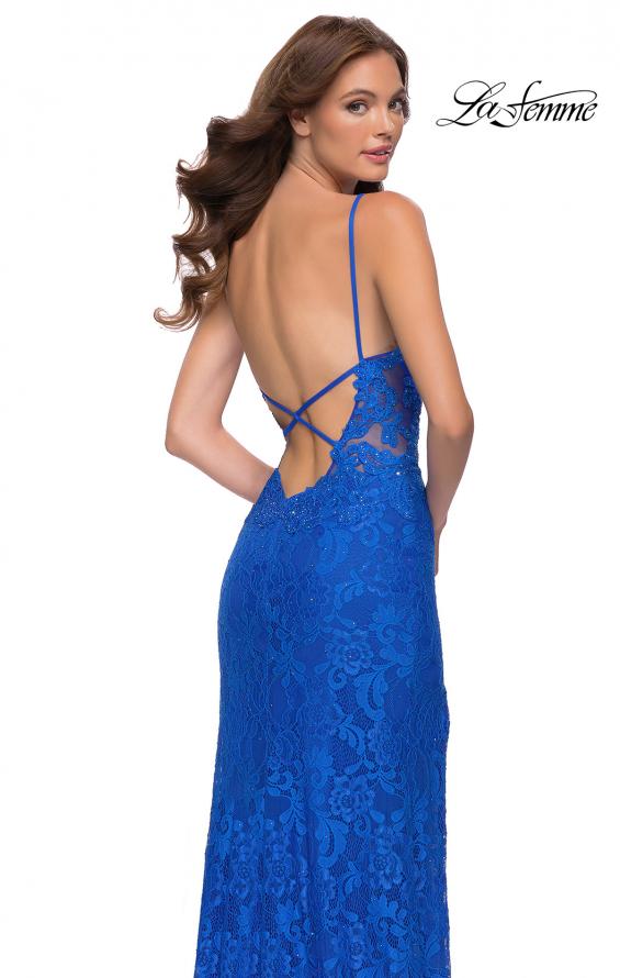 Picture of: Stretch Lace Long Dress with Deep V Neckline in Royal Blue, Style 29842, Detail Picture 4