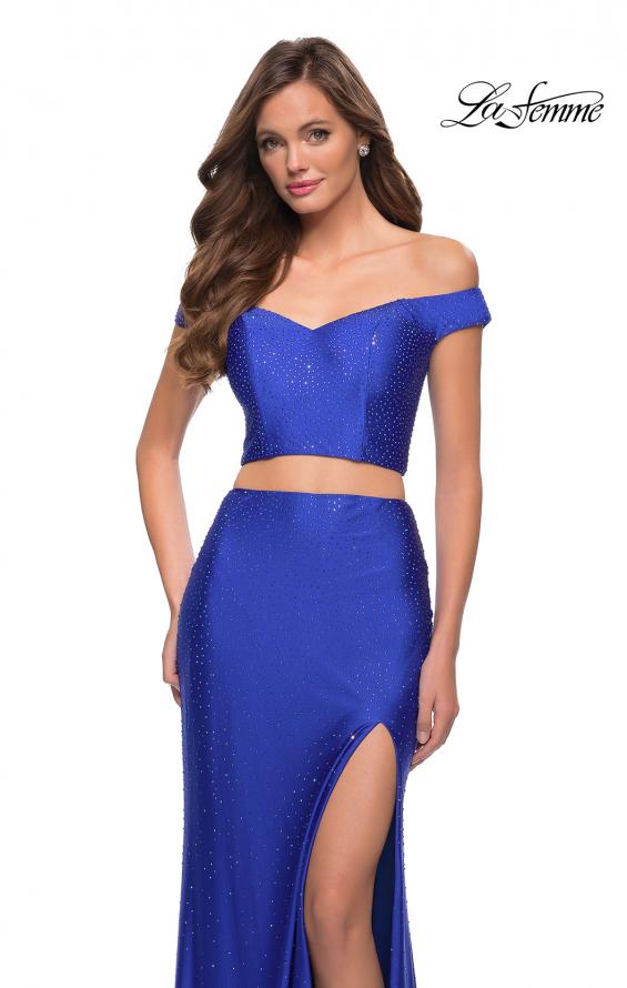 Picture of: Rhinestone Off the Shoulder Jersey Two Piece Prom Dress in Royal Blue, Style 29951, Detail Picture 4