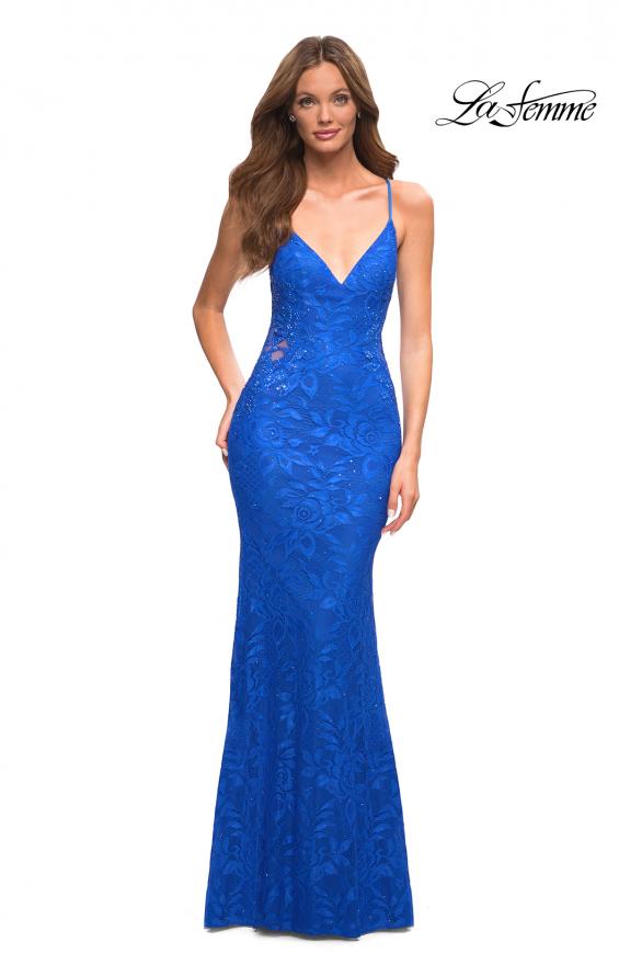 Picture of: Lace Prom Dress with Illusion Embellished Sides in Blue, Style: 30474, Detail Picture 4