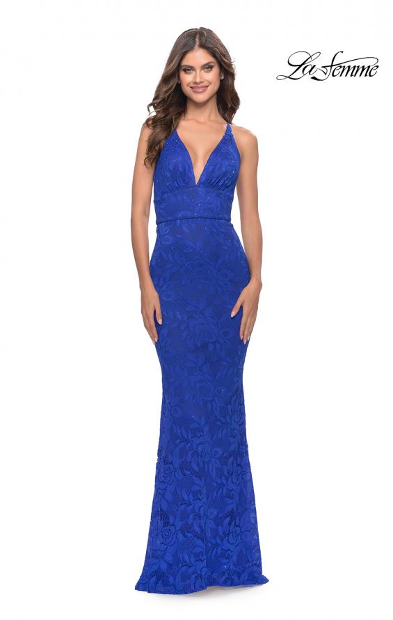 Picture of: Fitted Stretch Lace Prom Dress with Banded Waist in Royal Blue, Style: 31234, Detail Picture 4