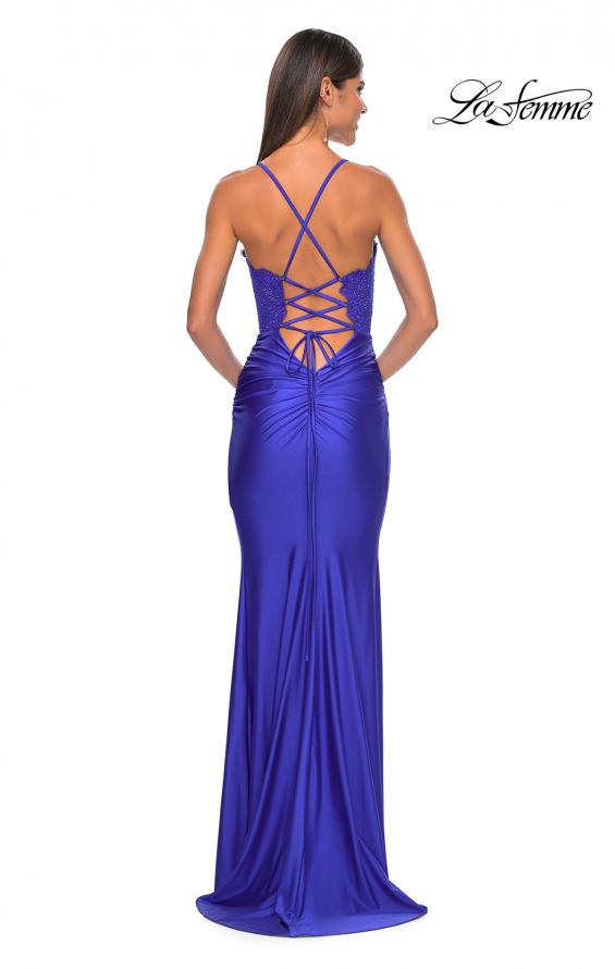 Picture of: Sheer Lace Bodice with Scallop Edge Jersey Long Dress in Royal Blue, Style: 31272, Detail Picture 4