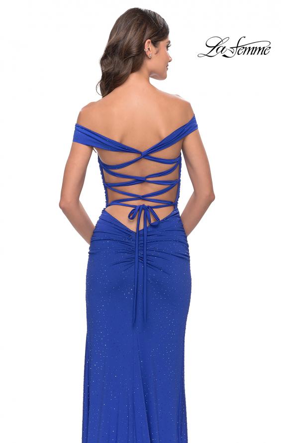 Picture of: Rhinestone Off the Shoulder Dress with Lace Up Back in Royal Blue, Style: 31276, Detail Picture 4