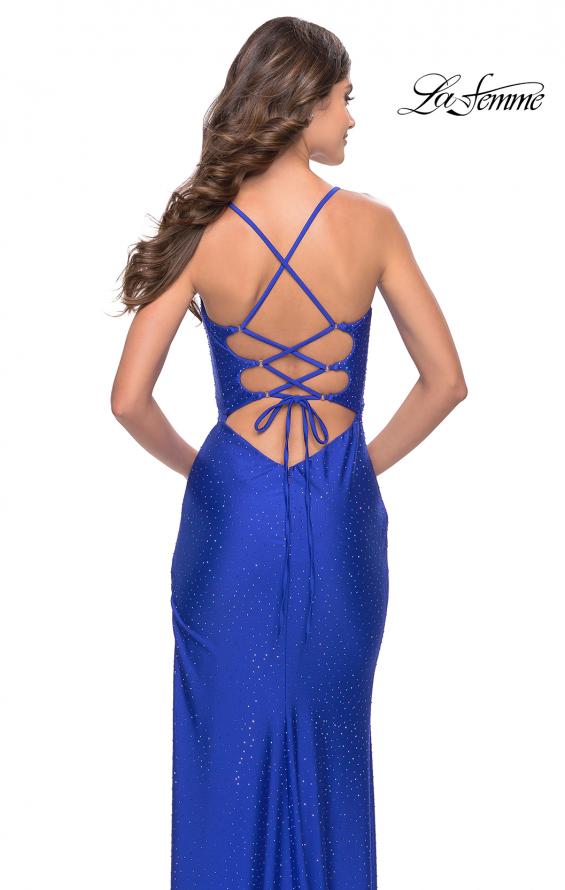 Picture of: Rhinestone Jersey Dress with Strappy Back and High Slit in Royal Blue, Style: 31398, Detail Picture 4