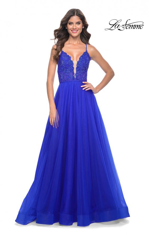 Picture of: Illusion Lace Bodice A-Line Tulle Prom Dress with Slit in Royal Blue, Style: 32059, Detail Picture 4
