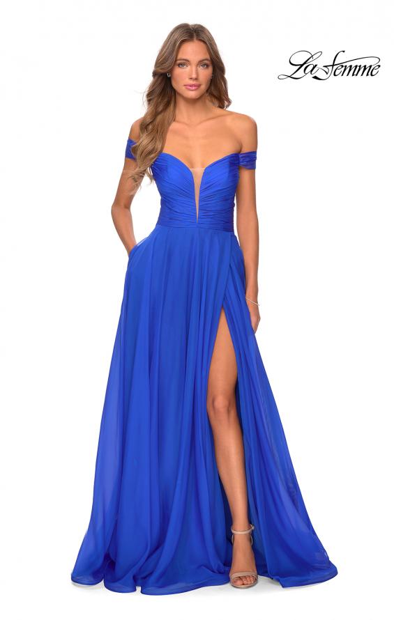 Picture of: Off the Shoulder Chiffon Gown with Plunging Neckline in Royal Blue, Style: 28546, Detail Picture 5