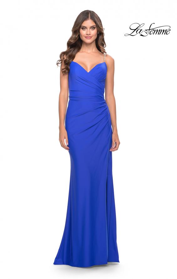 Picture of: Long Ruched Jersey Gown with V Neckline in Royal Blue, Style: 31107, Detail Picture 5