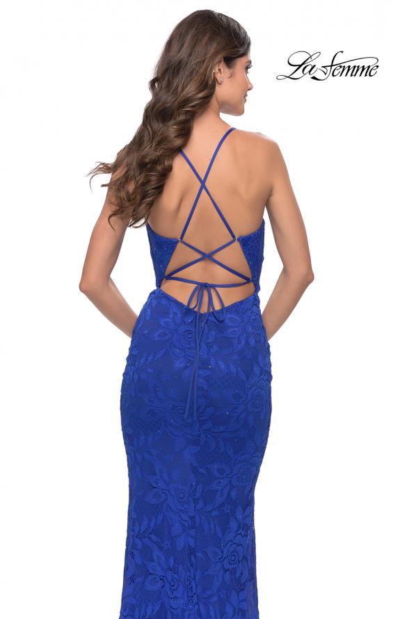 Picture of: Fitted Stretch Lace Prom Dress with Banded Waist in Royal Blue, Style: 31234, Detail Picture 5
