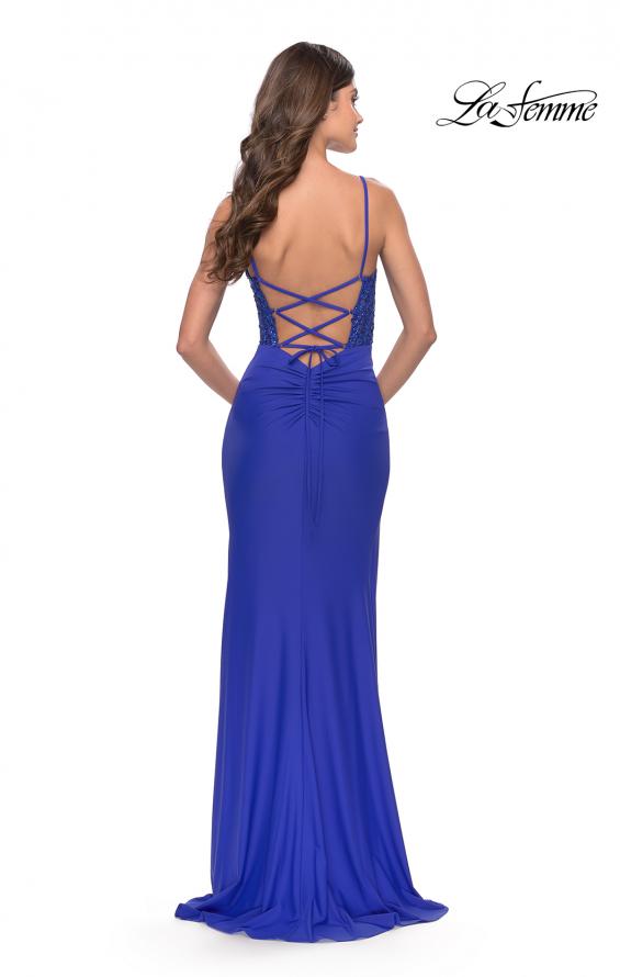 Picture of: Sheer Lace Side Panel Jersey Long Dress in Royal Blue, Style: 31335, Detail Picture 5