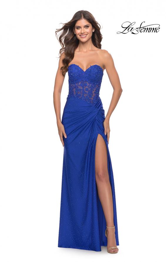 Picture of: Sheer Lace Applique Bodice Dress with Jersey Skirt in Royal Blue, Style: 31343, Detail Picture 5