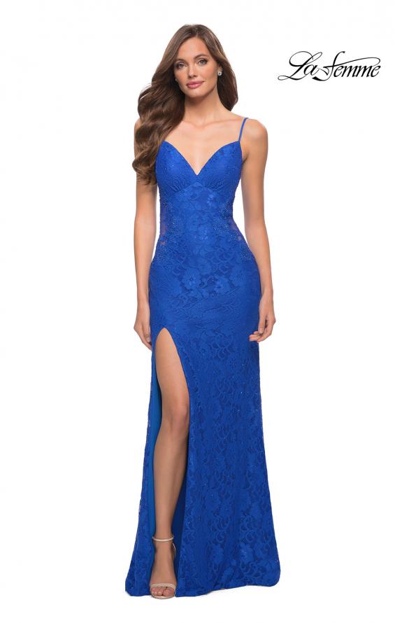 Picture of: Sleek Lace Long Dress with Sheer Sides and Open Back in Royal Blue, Style 29694, Detail Picture 6