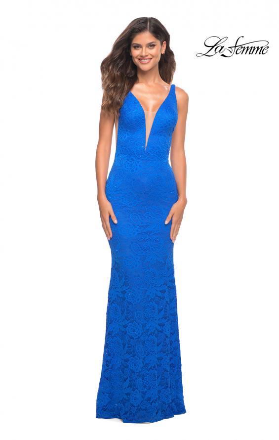 Picture of: Chic Stretch Lace Gown with Deep V Neckline in Royal Blue, Detail Picture 6