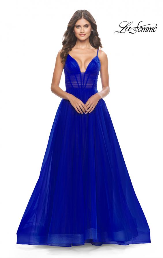 Picture of: A-Line Tulle Gown with Illusion Bodice and Boning in Royal Blue, Style: 31147, Detail Picture 6