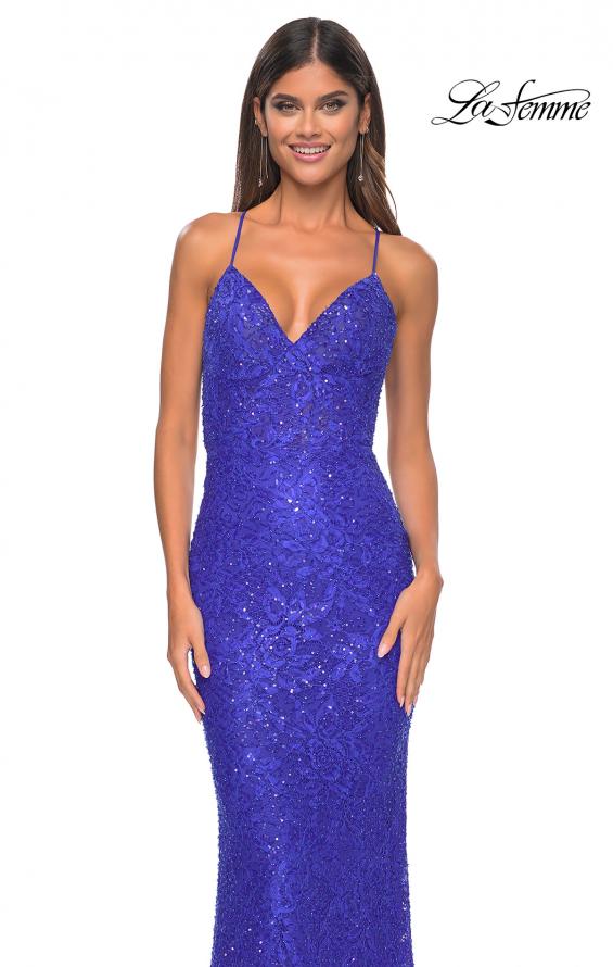 Picture of: Beaded Lace Long Dress with Illusion Bodice in Royal Blue, Style: 31359, Detail Picture 6