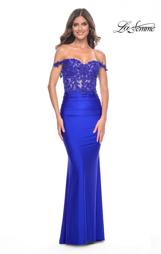 Picture of: Sheer Lace Bodice with Off the Shoulder Straps and Jersey Skirt Gown in Royal Blue, Style: 32302, Detail Picture 6
