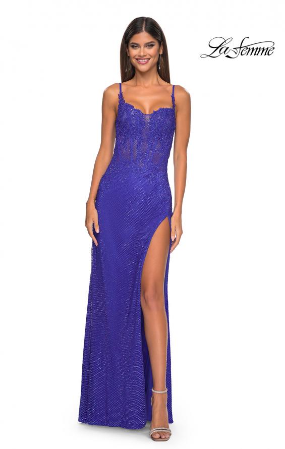 Picture of: Rhinestone Embellished Fishnet Dress with Lace Details in Royal Blue, Style: 32409, Detail Picture 6