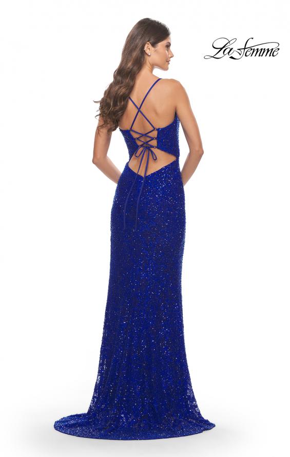 Picture of: Beaded Lace Gown with High Slit and V Neck in Royal Blue, Style: 31388, Detail Picture 7