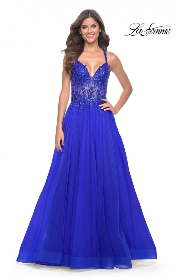 Picture of: Tulle A-Line Gown with Sheer and Beaded Lace Detail in Royal Blue, Style: 31471, Detail Picture 7