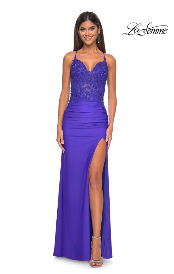 Picture of: Jersey Prom Dress with Illusion Sides and V Neckline in Royal Blue, Style: 32139, Detail Picture 7