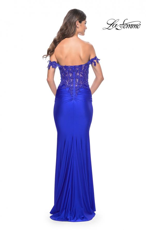 Picture of: Sheer Lace Bodice with Off the Shoulder Straps and Jersey Skirt Gown in Royal Blue, Style: 32302, Detail Picture 7
