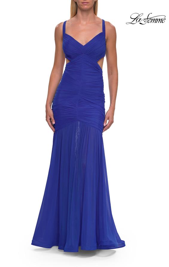 Picture of: Ruched Mesh Gown with Cutout Back in Royal Blue, Style: 33626, Detail Picture 7