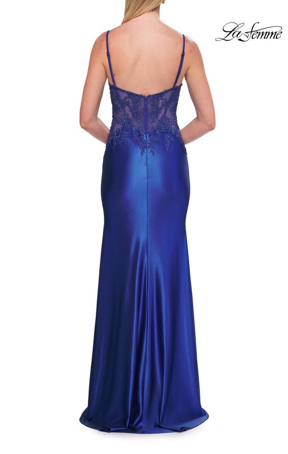 Picture of: Rhinestone Sheer Lace Bodice Prom Dress with High Slit in Royal Blue, Style: 33627, Detail Picture 7